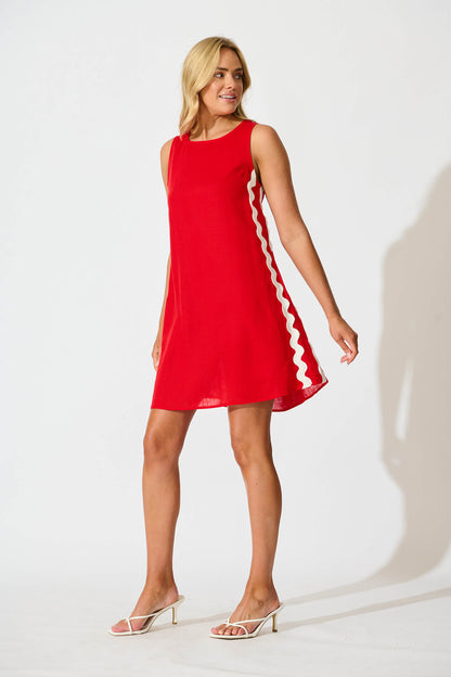 Dana Dress in Red With White Ric Rac Trim Linen Blend