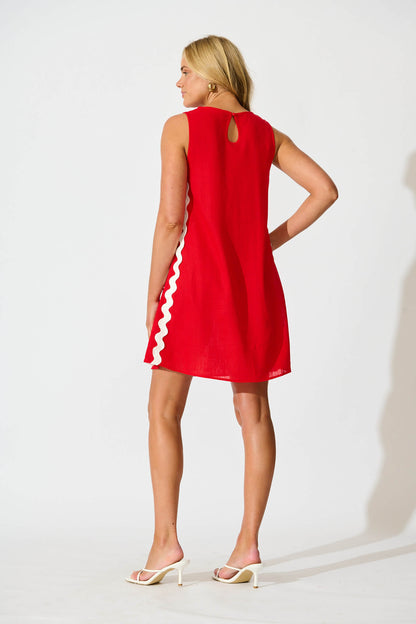 Dana Dress in Red With White Ric Rac Trim Linen Blend
