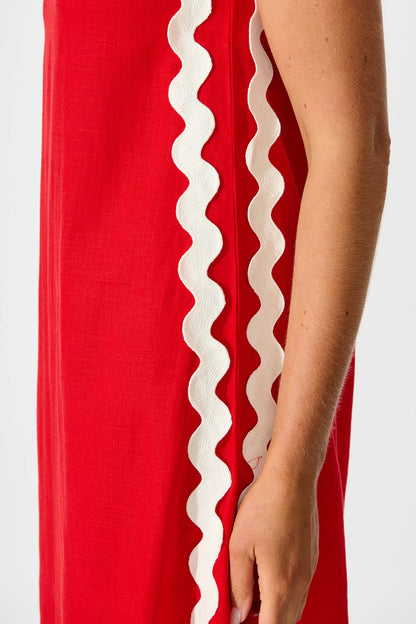Dana Dress in Red With White Ric Rac Trim Linen Blend