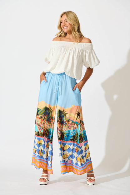 Lucia Pant In Light Blue with Multi Tropical Print