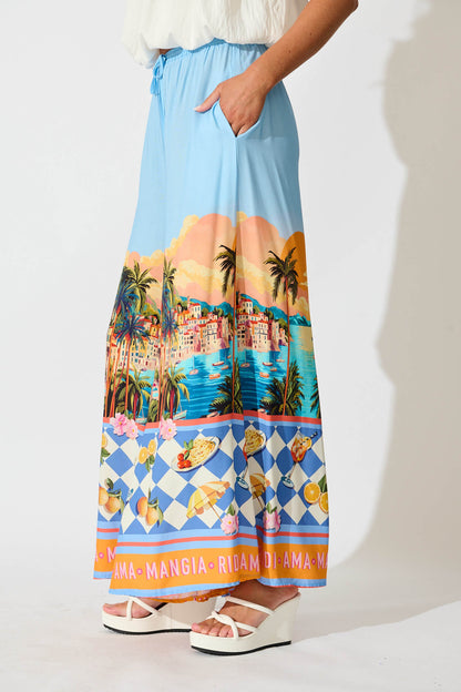 Lucia Pant In Light Blue with Multi Tropical Print