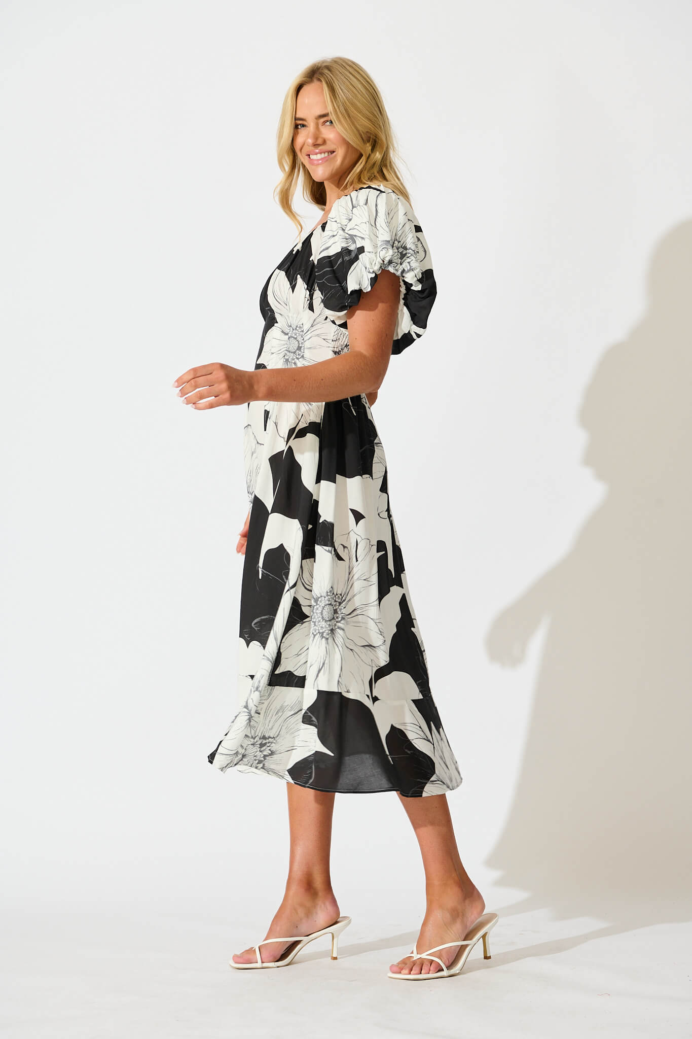 Wintour Midi Dress In Black With White Floral