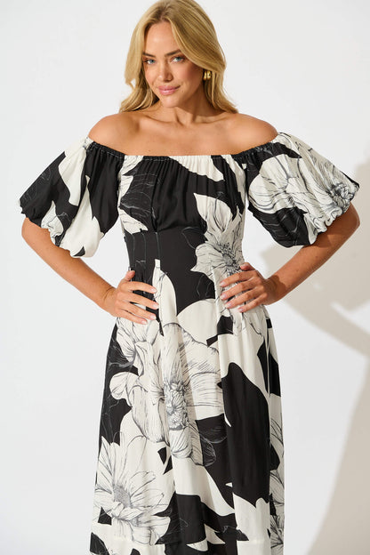 Wintour Midi Dress In Black With White Floral