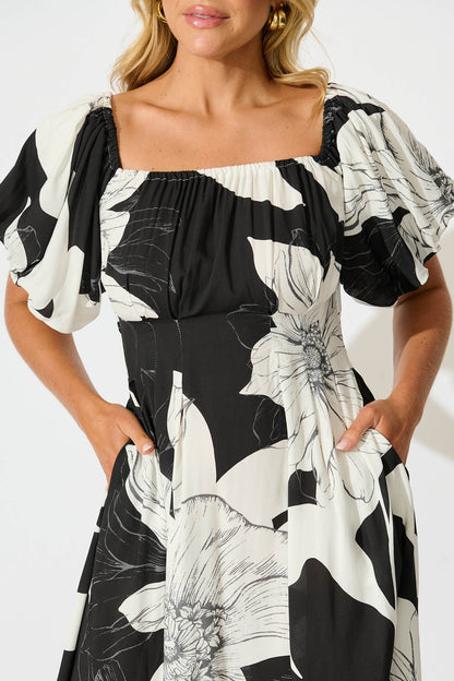 Wintour Midi Dress In Black With White Floral