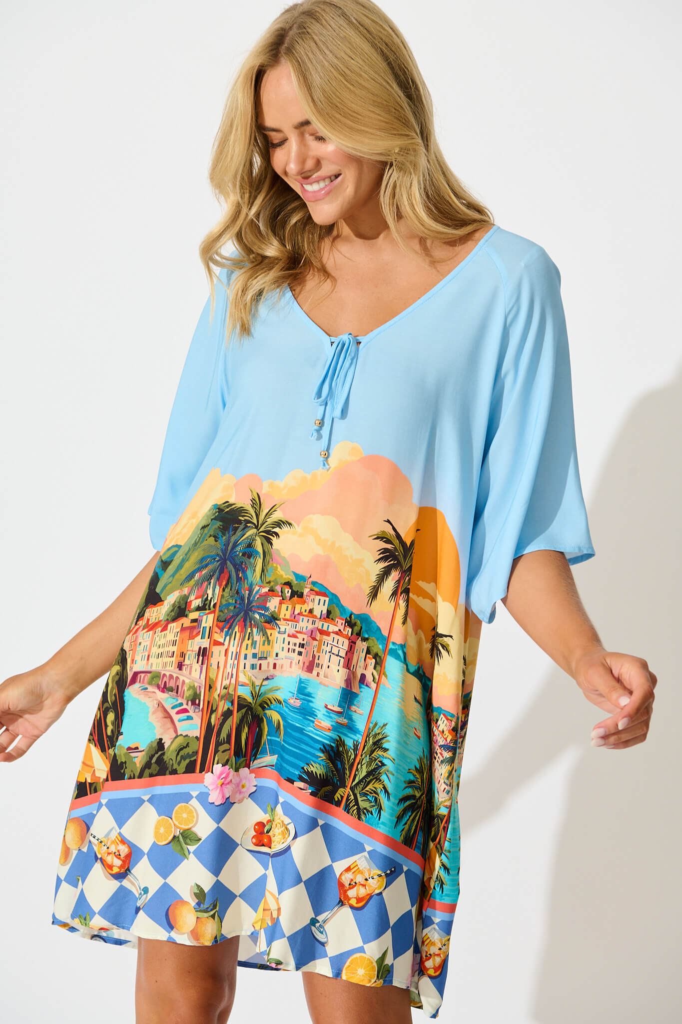 Marla Smock Dress In Light Blue with Multi Tropical Print