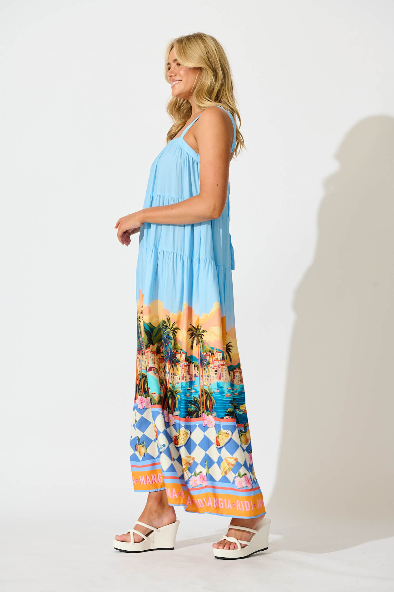 Dory Maxi Dress In Light Blue with Multi Tropical Print