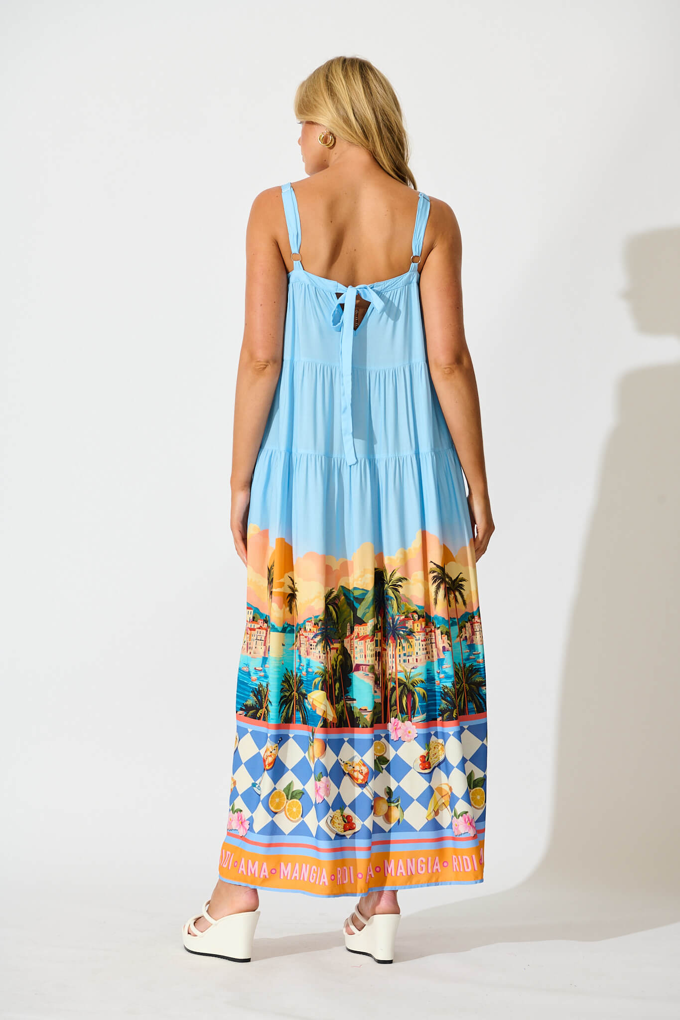 Dory Maxi Dress In Light Blue with Multi Tropical Print