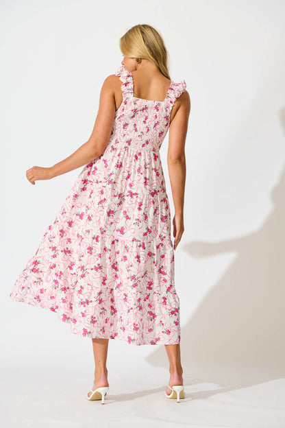 Someday Midi Sundress In Pink Floral Print Cotton
