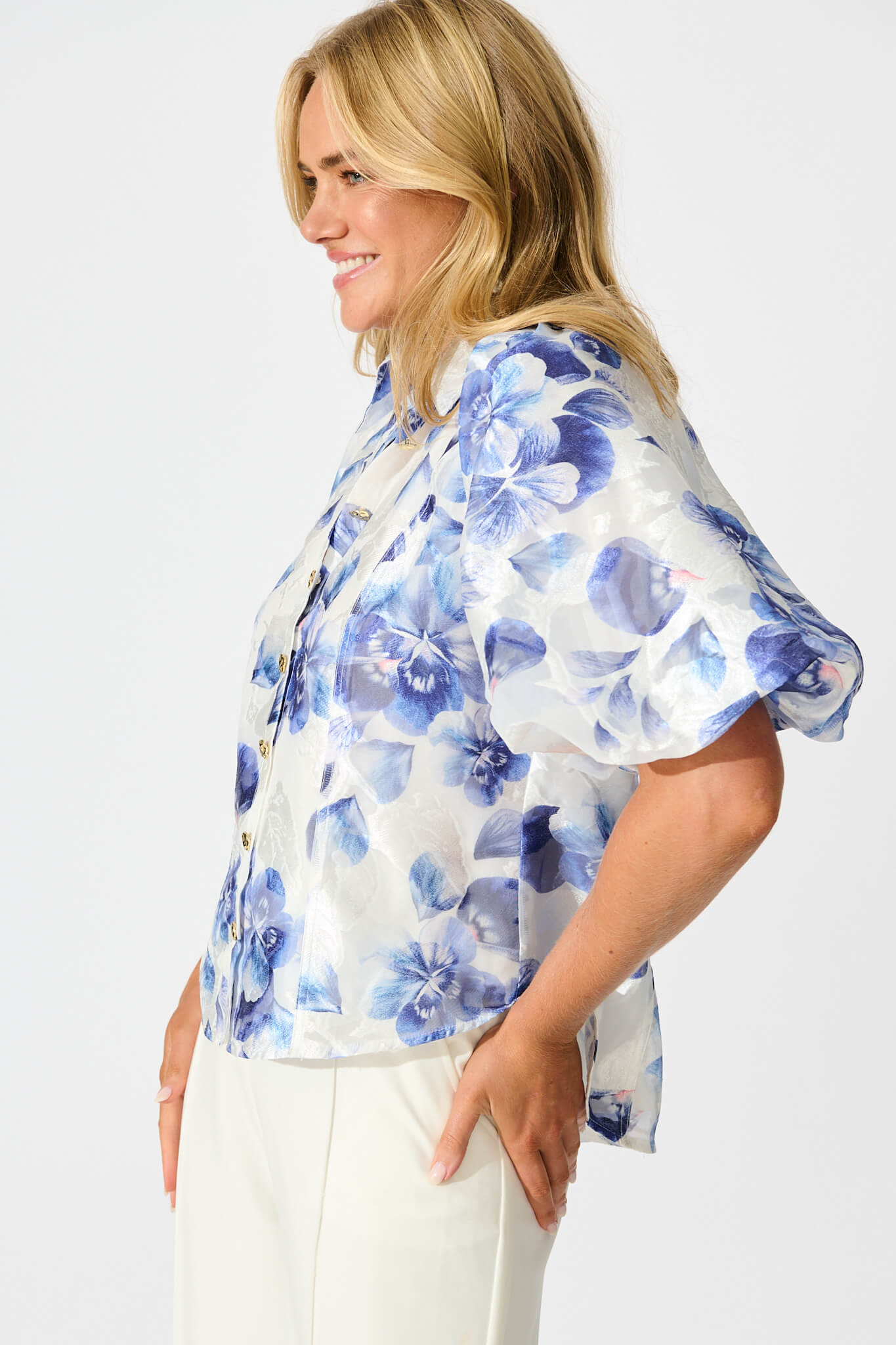 Good love Shirt in White with Blue Floral Organza