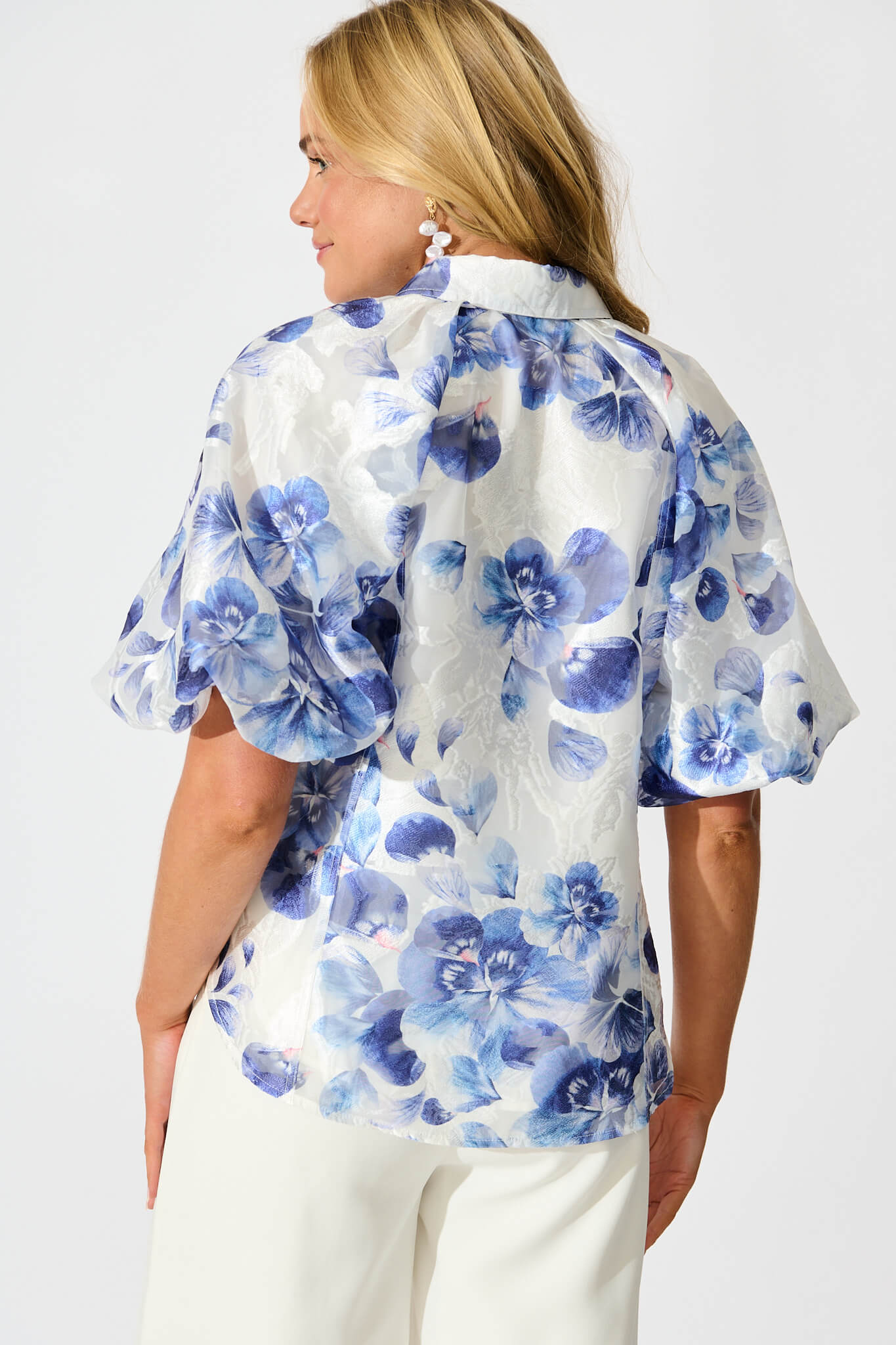 Good love Shirt in White with Blue Floral Organza