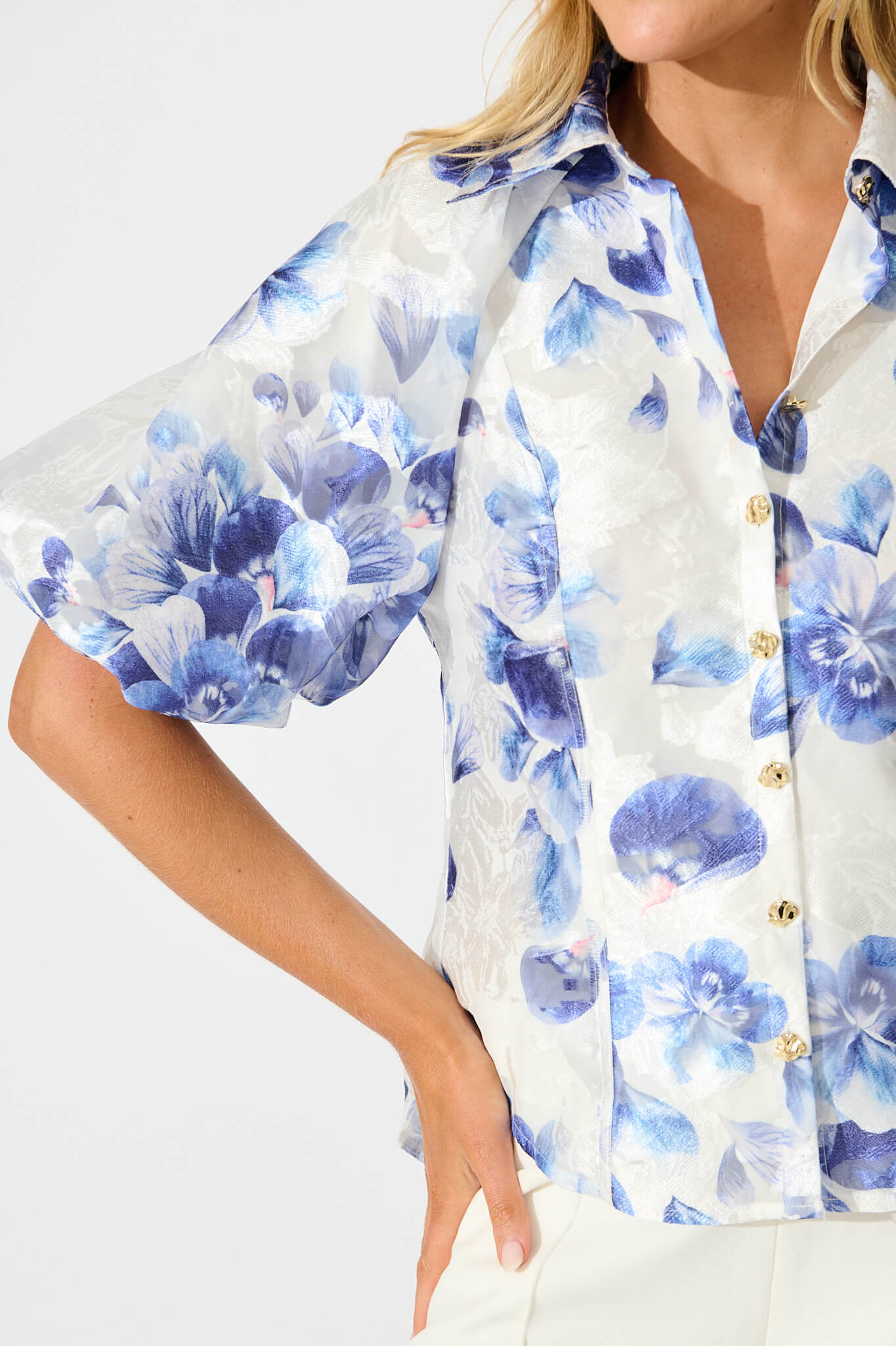 Good love Shirt in White with Blue Floral Organza