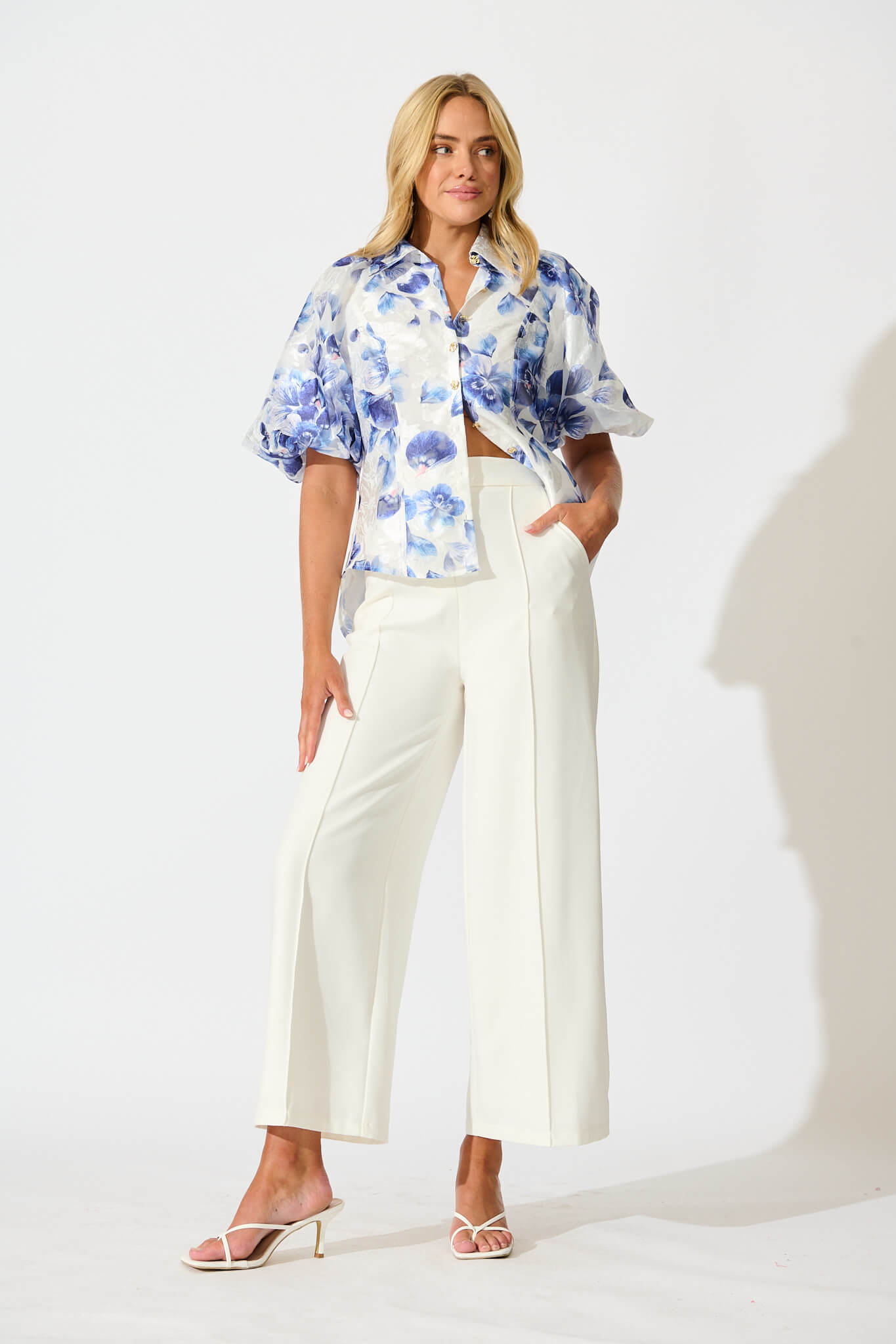 Good love Shirt in White with Blue Floral Organza