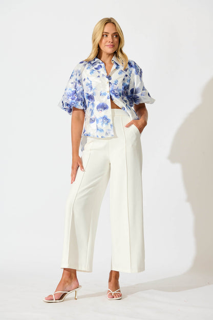 Good love Shirt in White with Blue Floral Organza