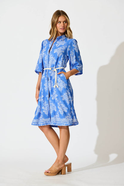 Watsonia Midi Shirt Dress In Blue with White Floral
