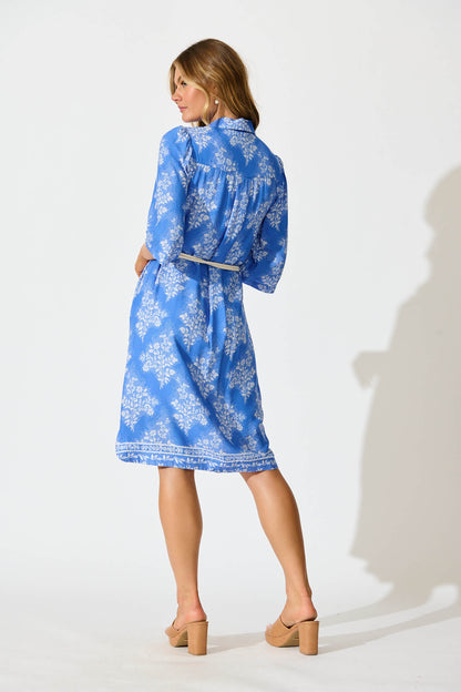 Watsonia Midi Shirt Dress In Blue with White Floral
