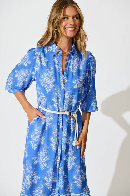 Watsonia Midi Shirt Dress In Blue with White Floral