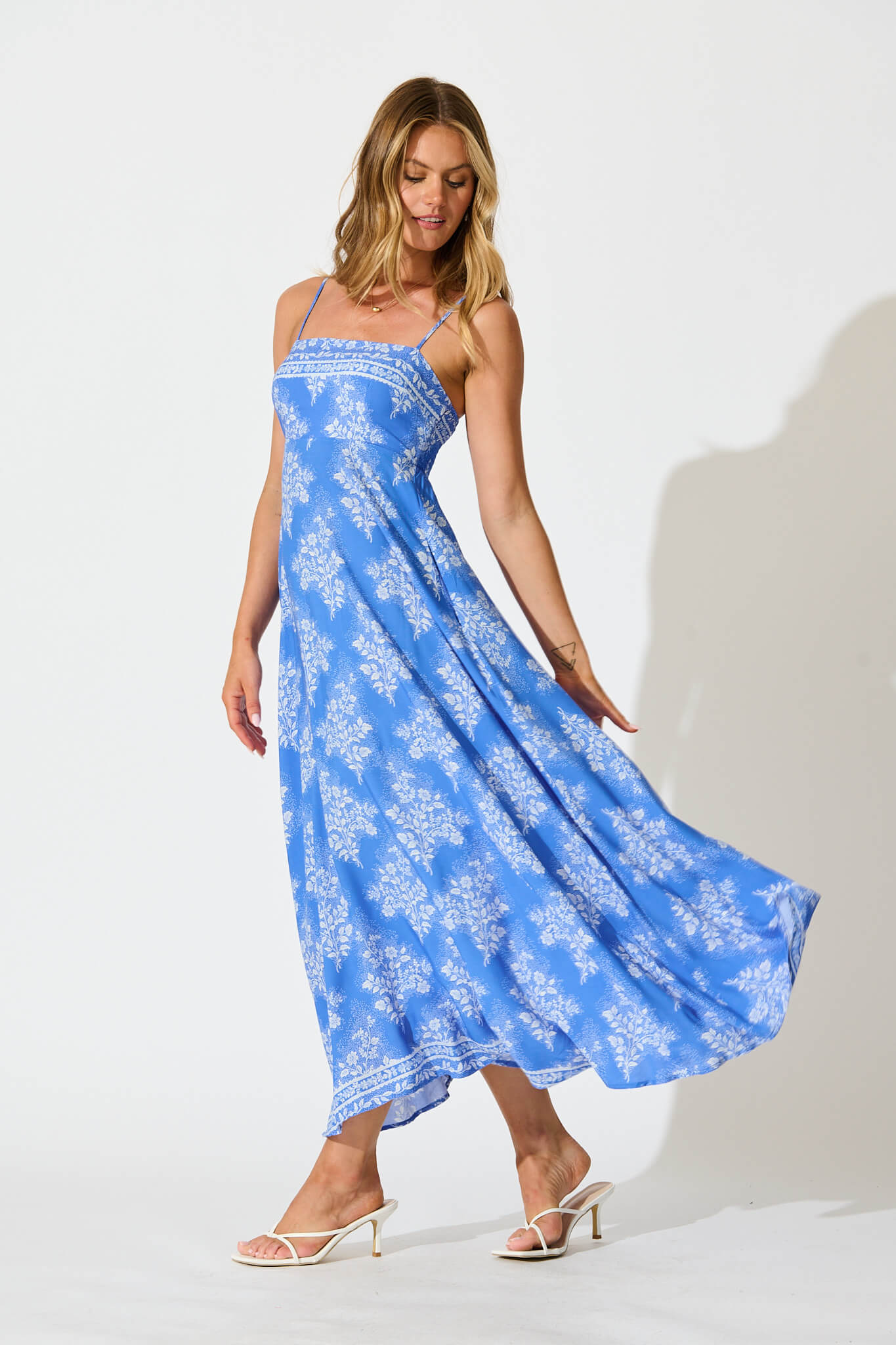 Willa Maxi Sundress In Blue with White Floral