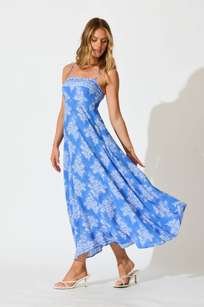 Willa Maxi Sundress In Blue with White Floral