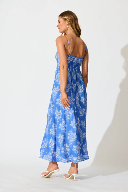 Willa Maxi Sundress In Blue with White Floral