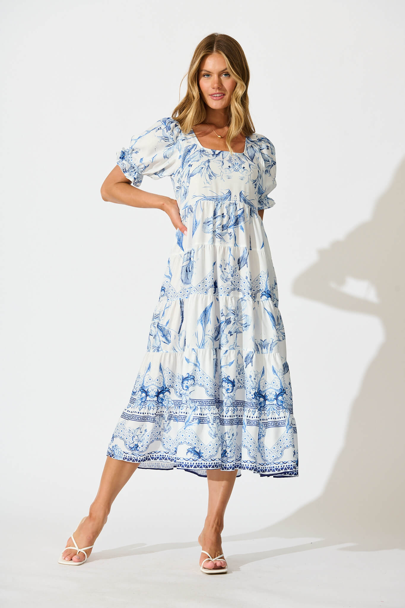 Roseau Midi Dress in White with Blue Floral Border