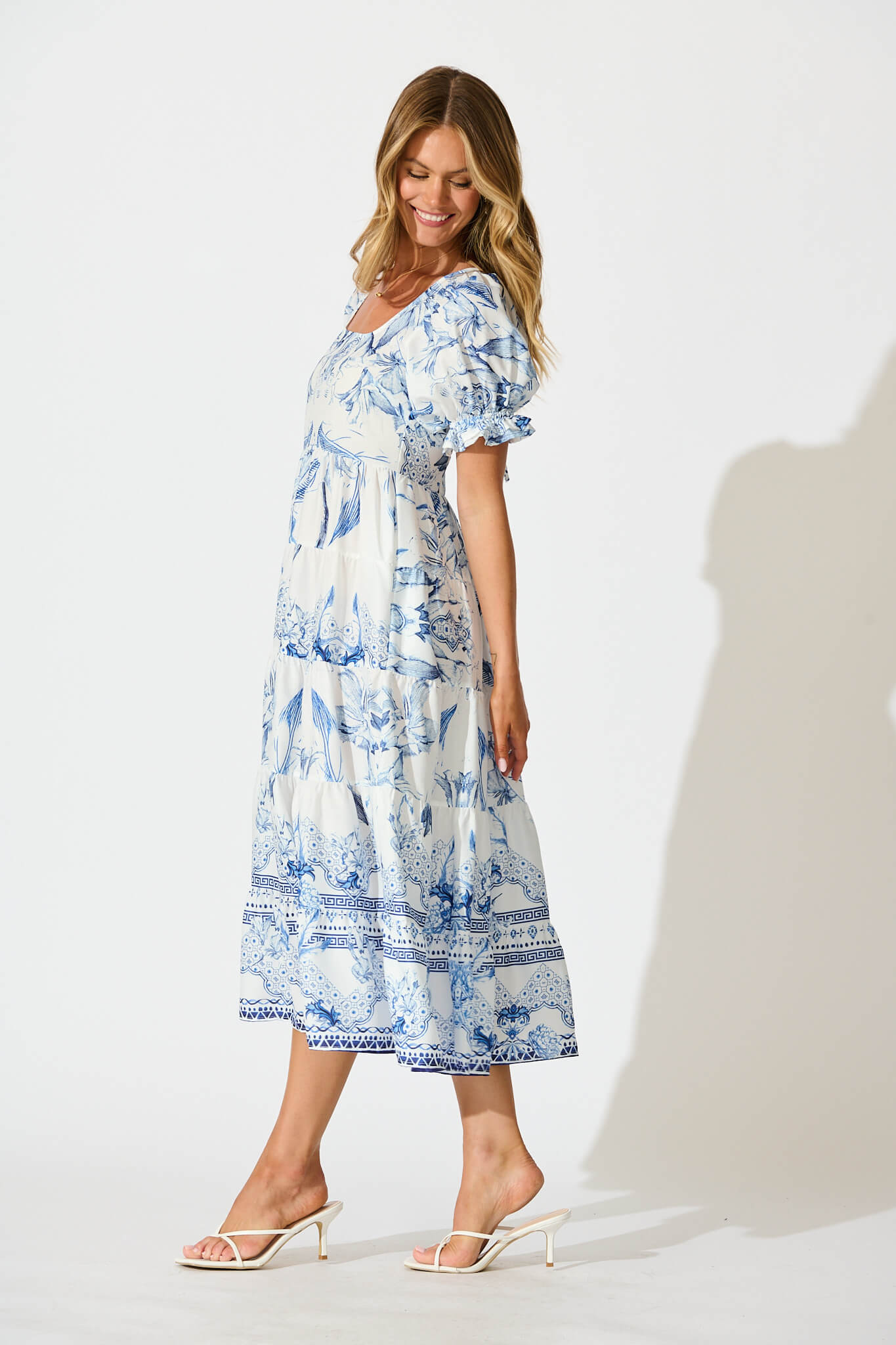 Roseau Midi Dress in White with Blue Floral Border