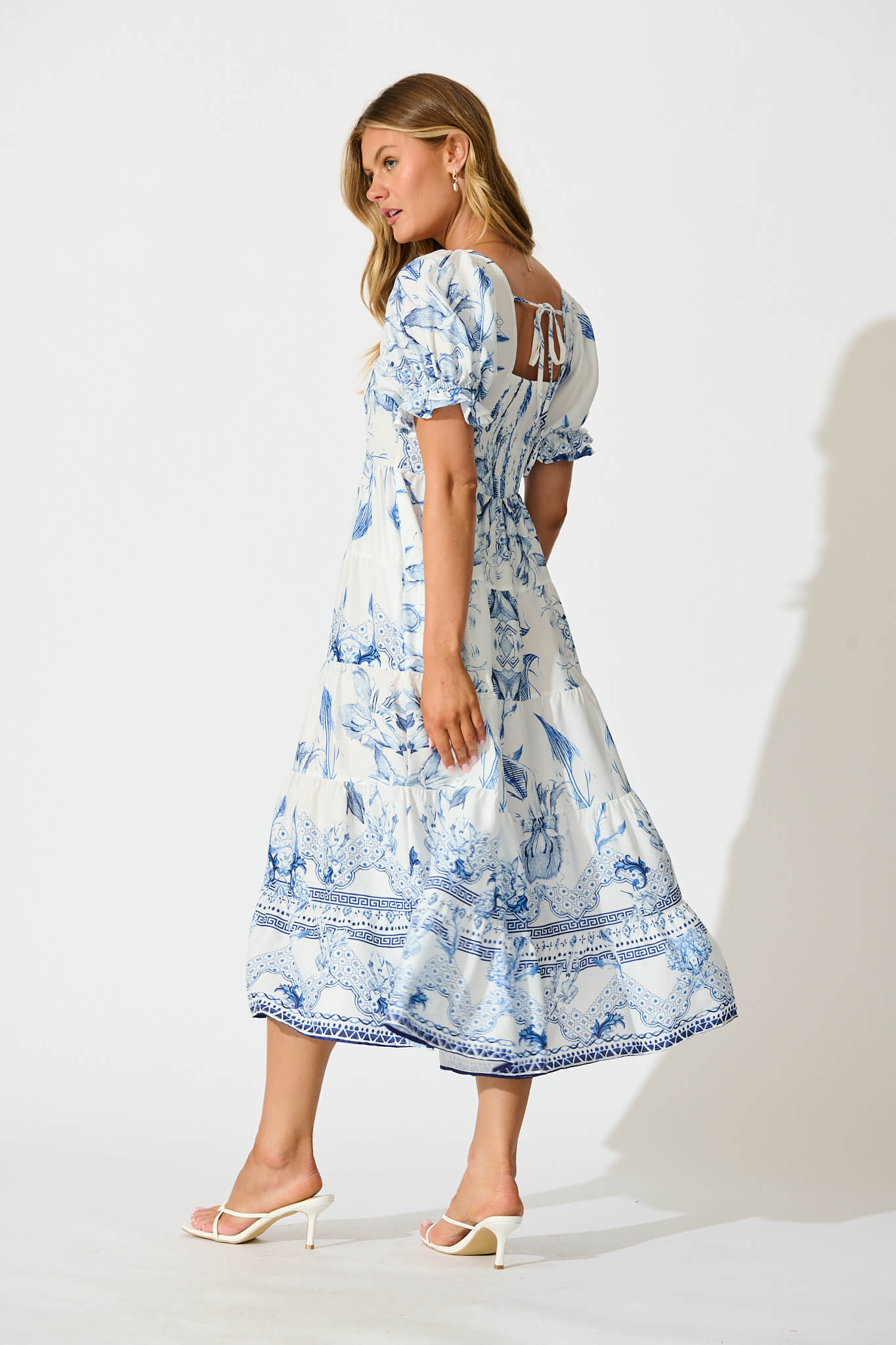 Roseau Midi Dress in White with Blue Floral Border