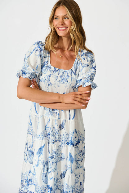 Roseau Midi Dress in White with Blue Floral Border