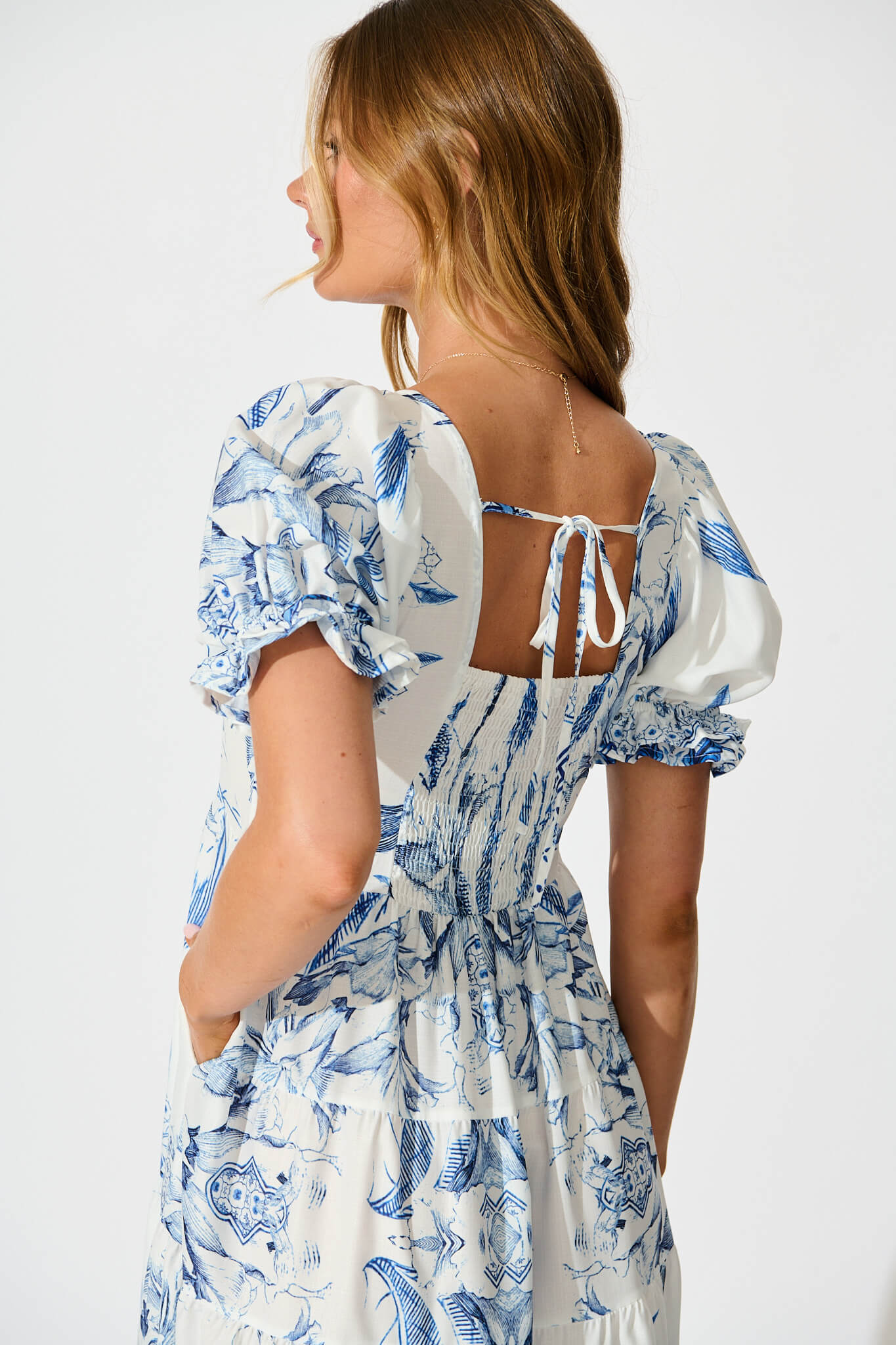 Roseau Midi Dress in White with Blue Floral Border
