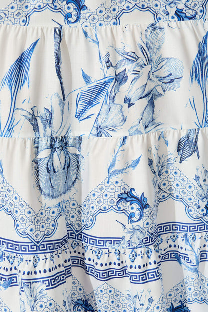 Roseau Midi Dress in White with Blue Floral Border