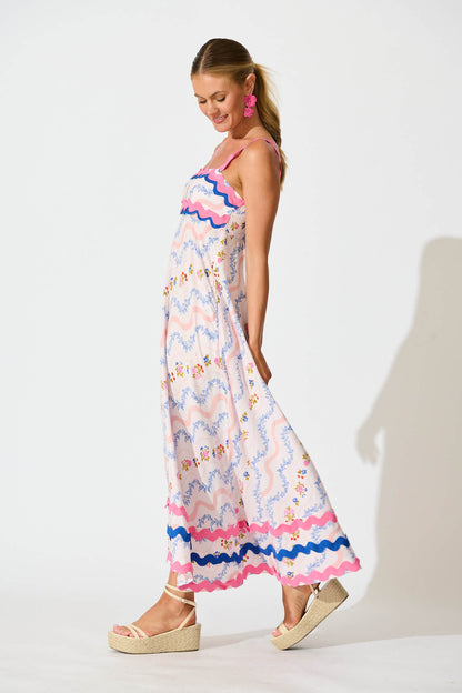 Peony Maxi Sundress in Pink Multi Floral with Ric Rac Trim