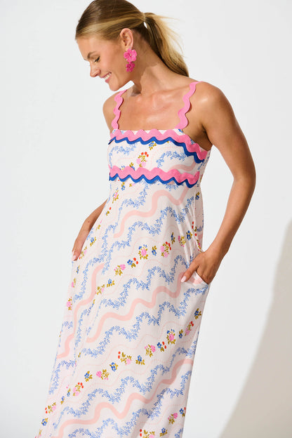 Peony Maxi Sundress in Pink Multi Floral with Ric Rac Trim