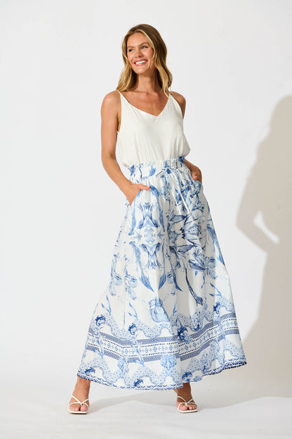 Mariah Pants in White with Blue Floral Border