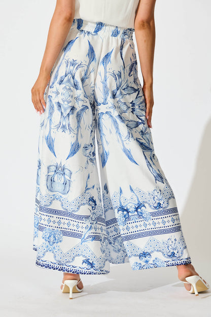 Mariah Pants in White with Blue Floral Border