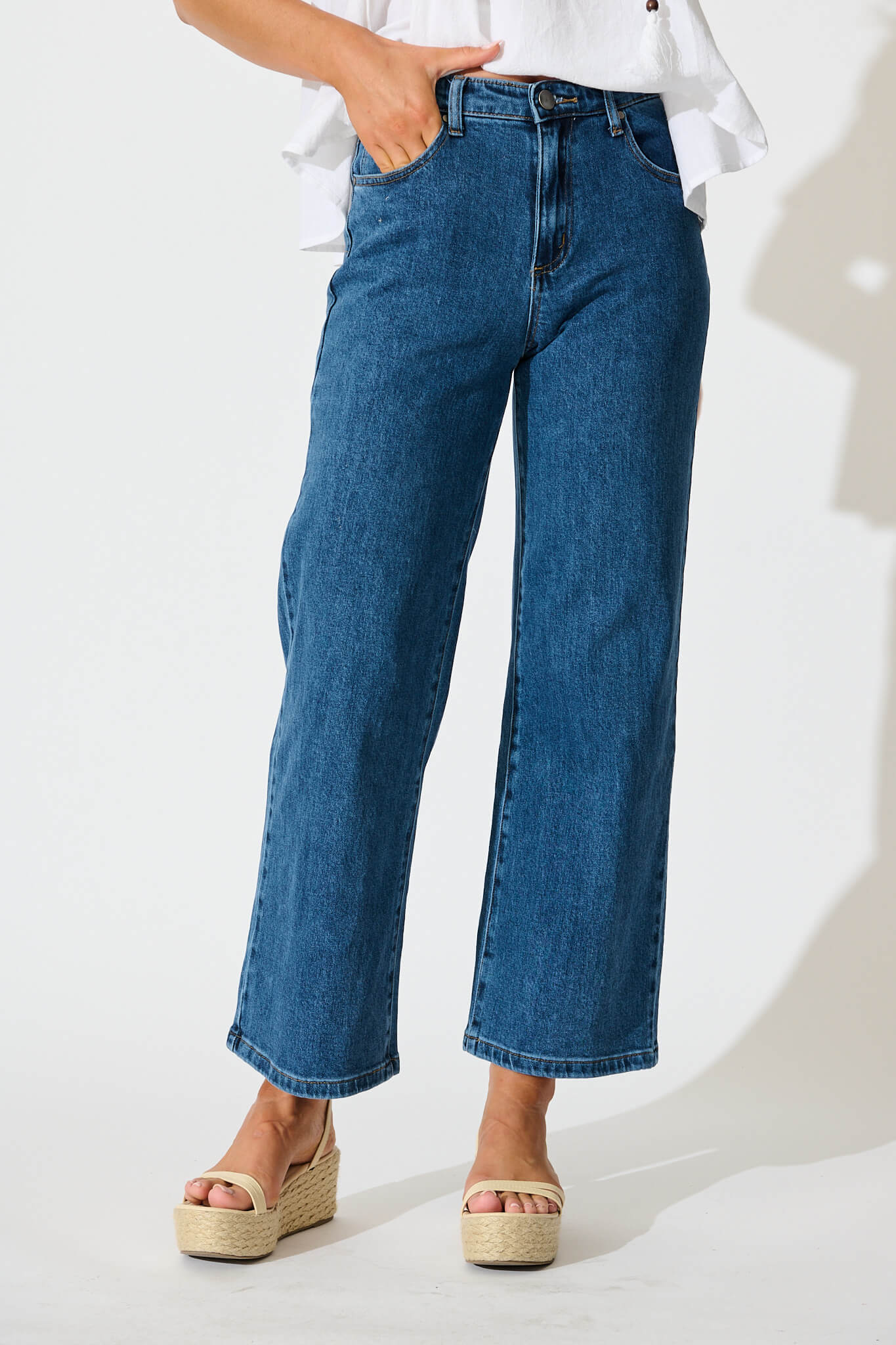 Jency Mid Rise Wide Leg Jean in Dark Blue Denim