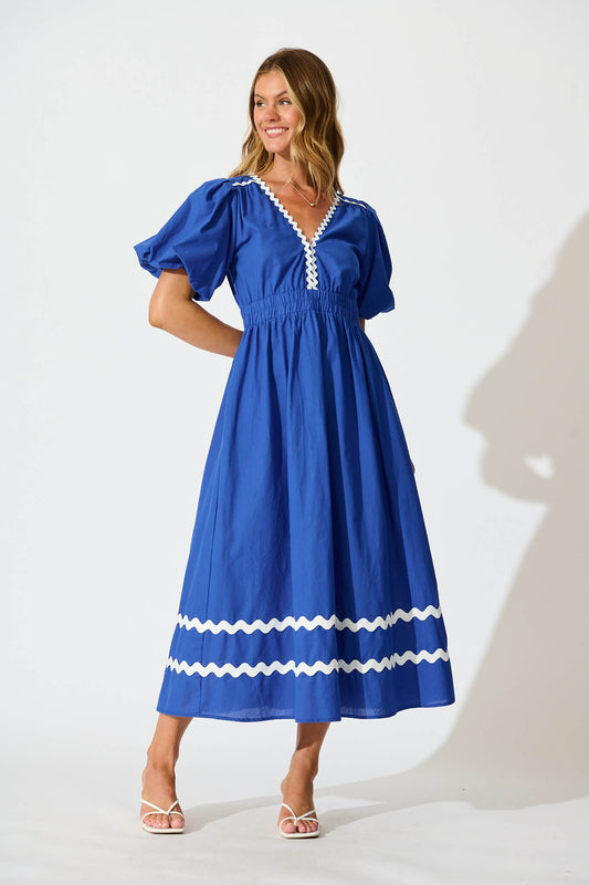 Indi Maxi Dress in Cobalt with White Ric Rac Trim Cotton