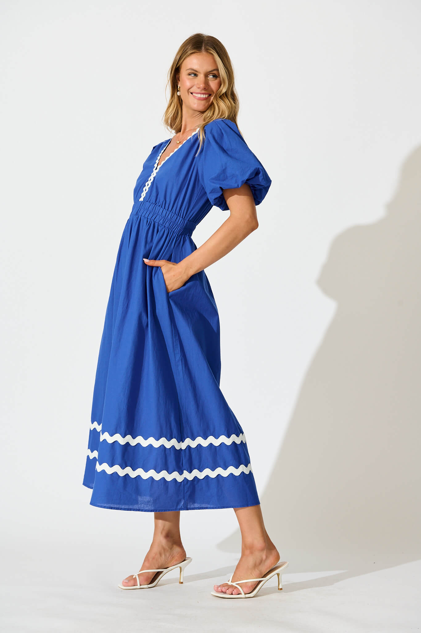 Indi Maxi Dress in Cobalt with White Ric Rac Trim Cotton