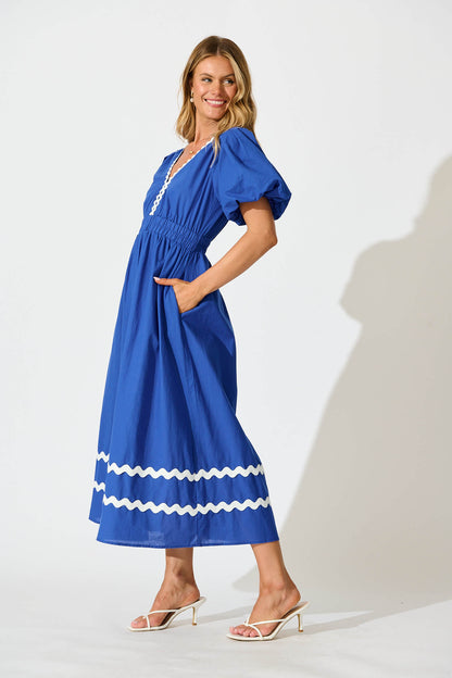 Indi Maxi Dress in Cobalt with White Ric Rac Trim Cotton