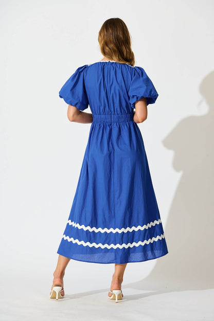 Indi Maxi Dress in Cobalt with White Ric Rac Trim Cotton
