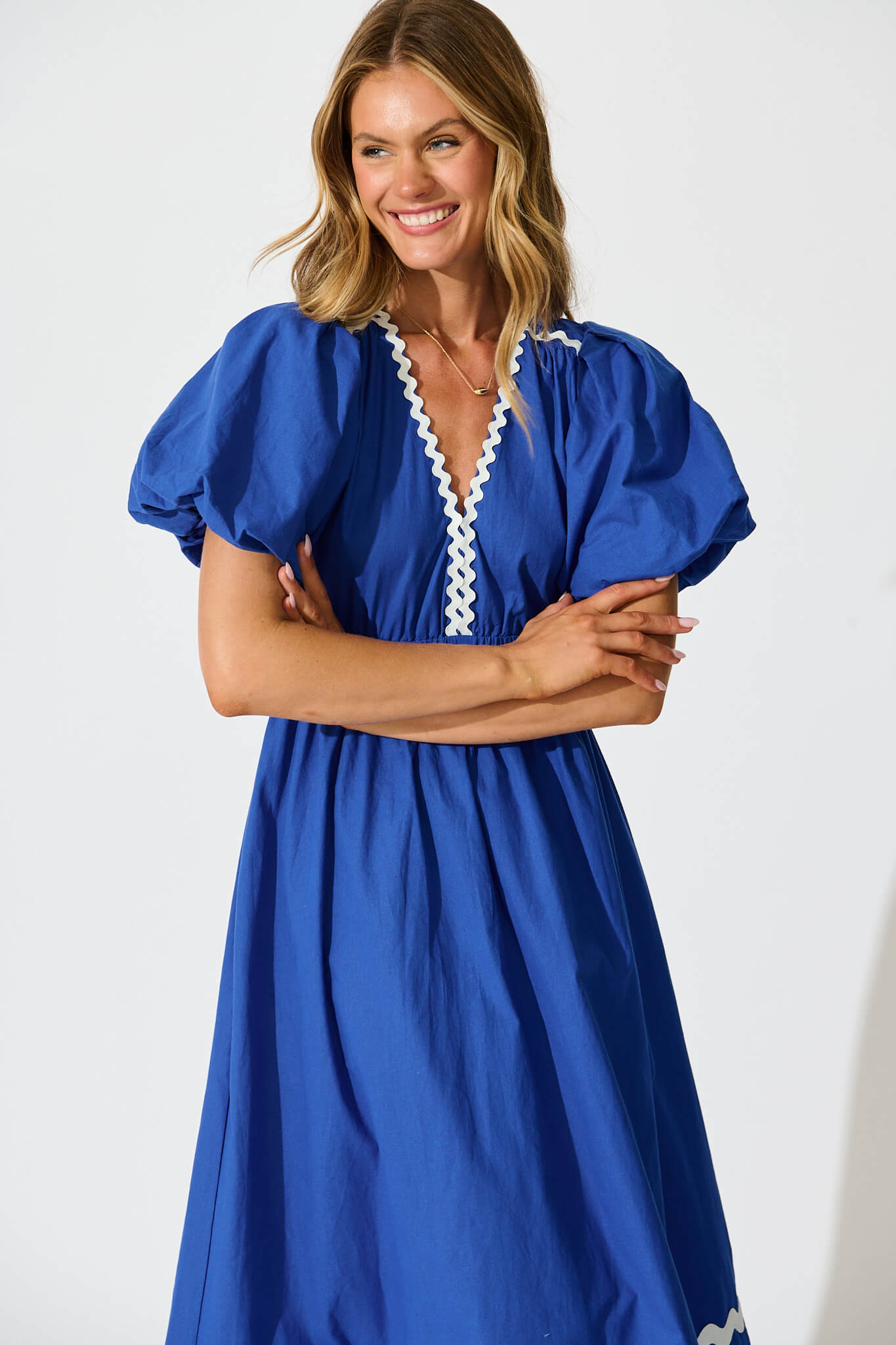 Indi Maxi Dress in Cobalt with White Ric Rac Trim Cotton