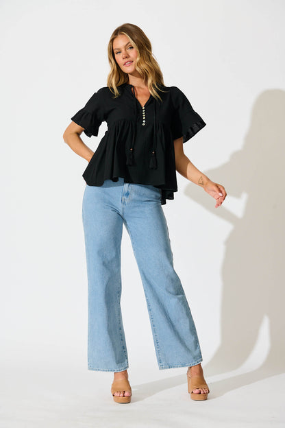 Orla Top in Black Cotton Linen