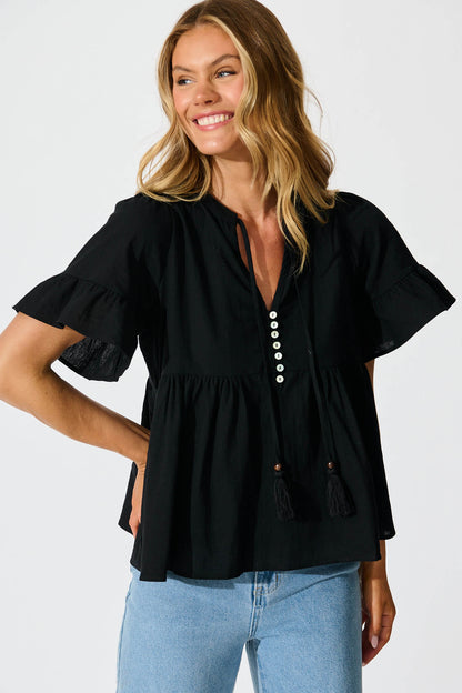 Orla Top in Black Cotton Linen