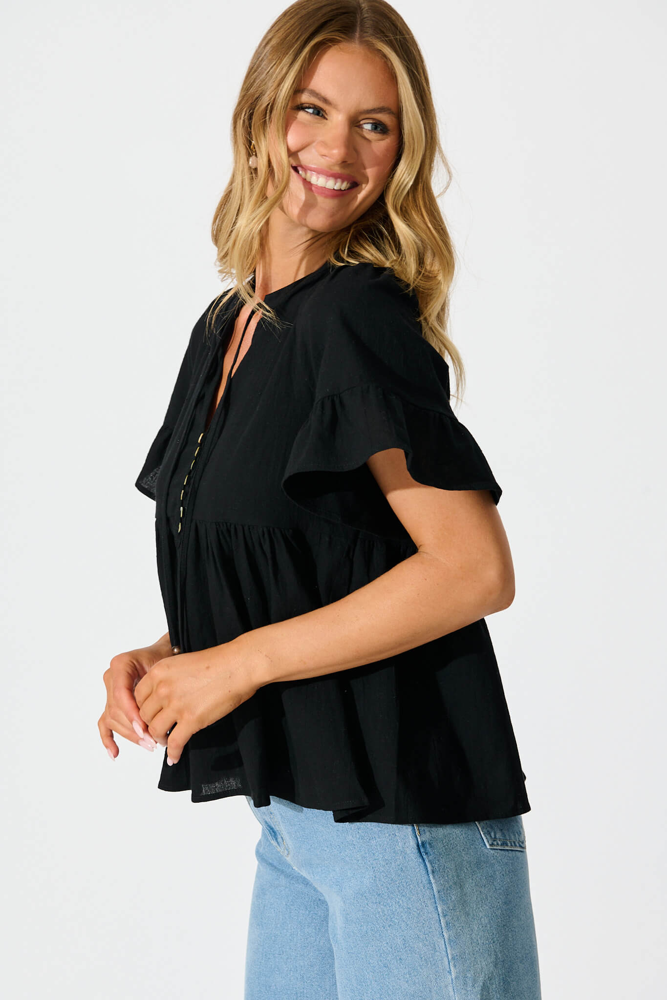 Orla Top in Black Cotton Linen