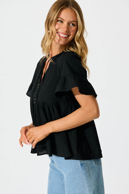 Orla Top in Black Cotton Linen