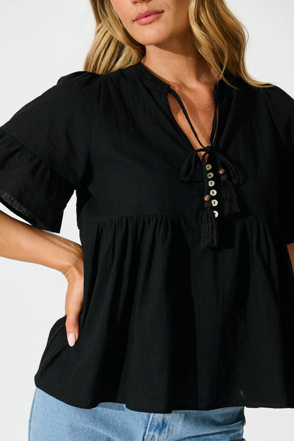 Orla Top in Black Cotton Linen