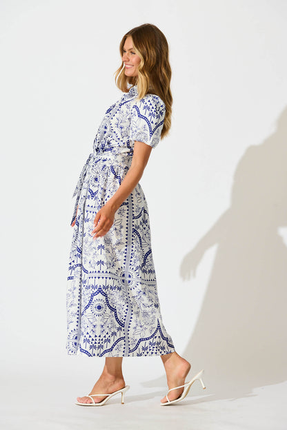 Delsanti Maxi Shirt Dress In White and Blue Cotton Linen