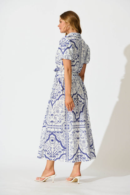 Delsanti Maxi Shirt Dress In White and Blue Cotton Linen