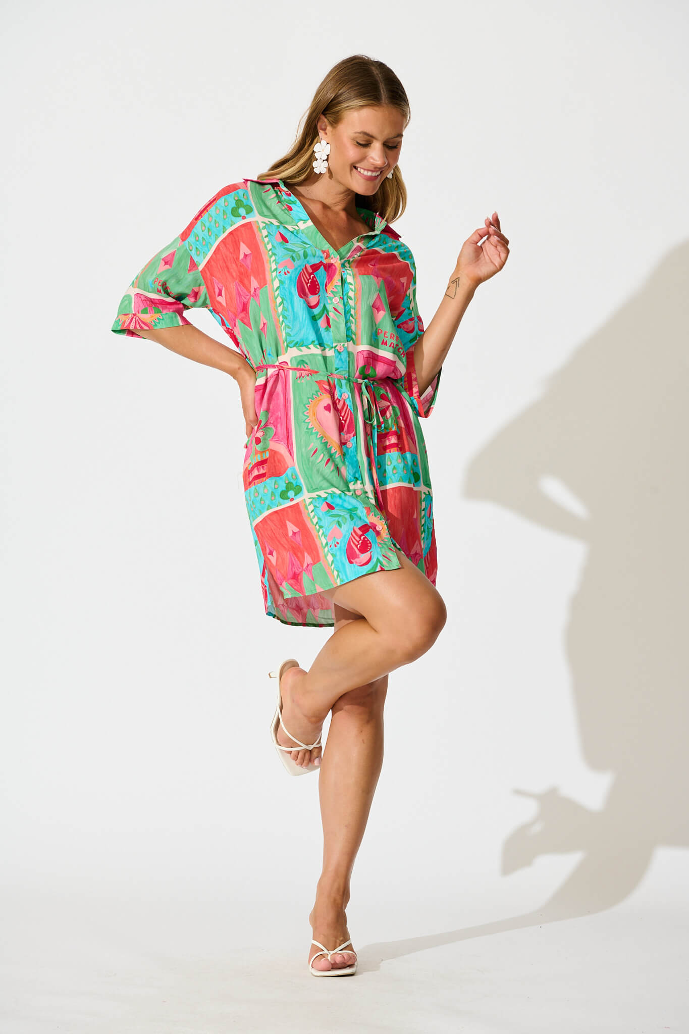 Raya Shirt Dress in Multi with Green Patchwork Print