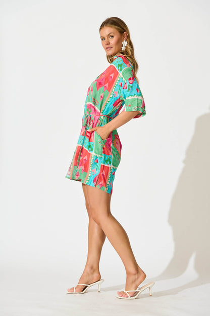 Raya Shirt Dress in Multi with Green Patchwork Print
