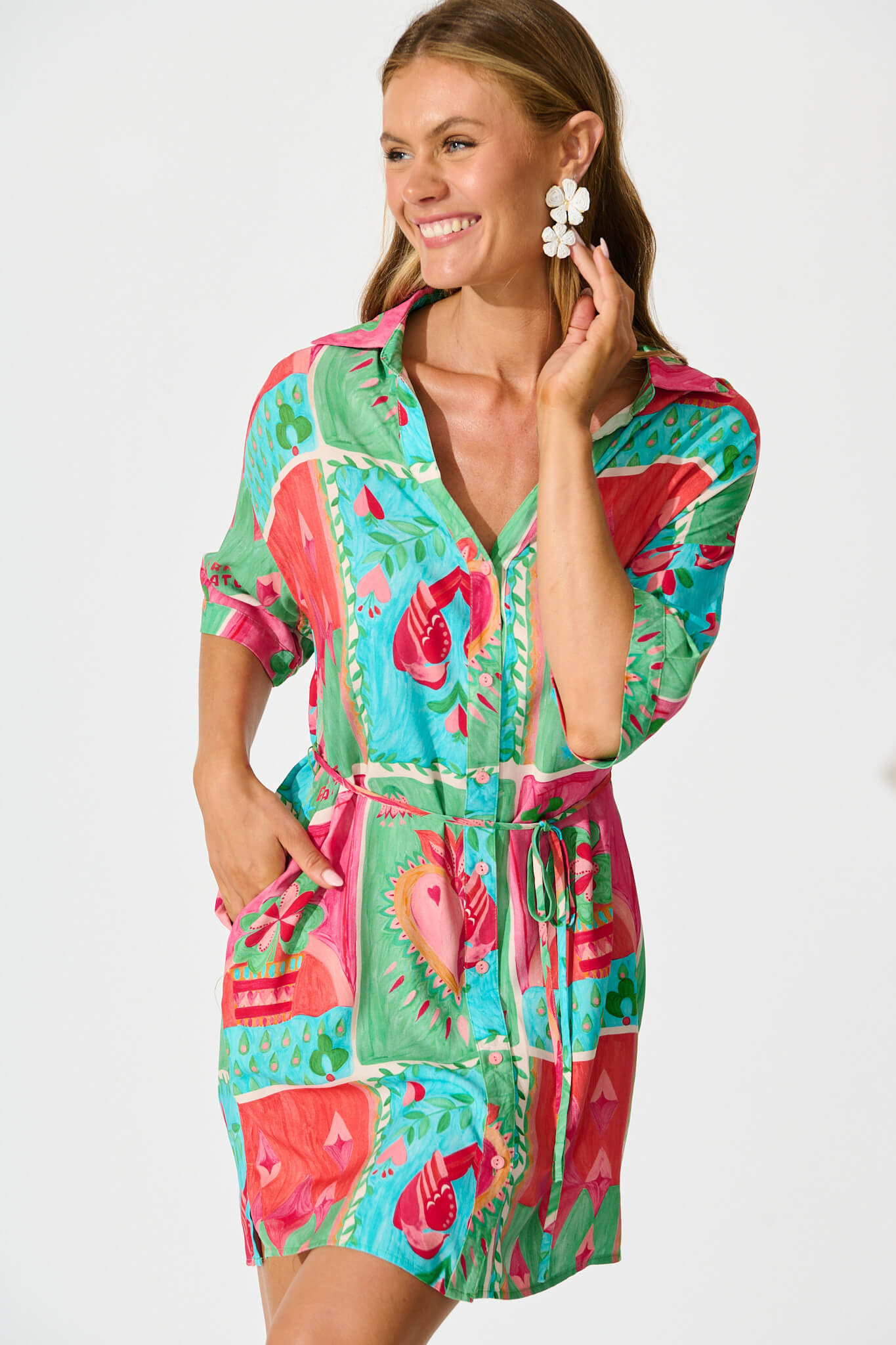 Raya Shirt Dress in Multi with Green Patchwork Print
