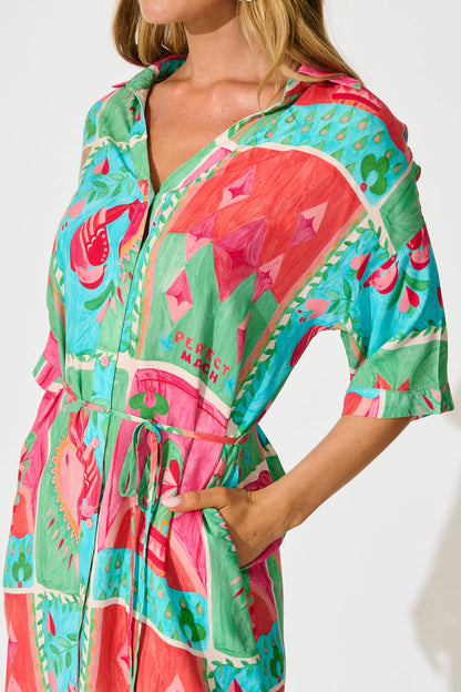 Raya Shirt Dress in Multi with Green Patchwork Print